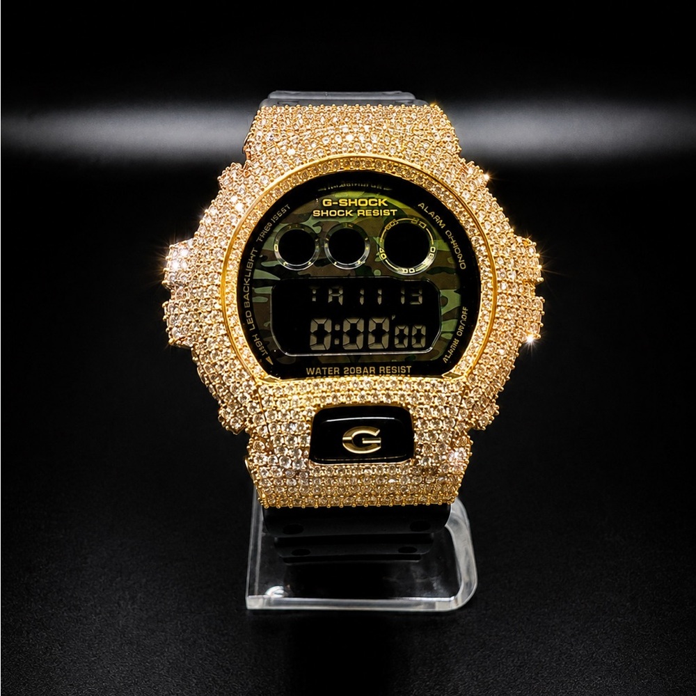 Moissanite Iced Out Casio G-SHOCK DW-6900 Camo Dial - D Color, Flawless Clarity